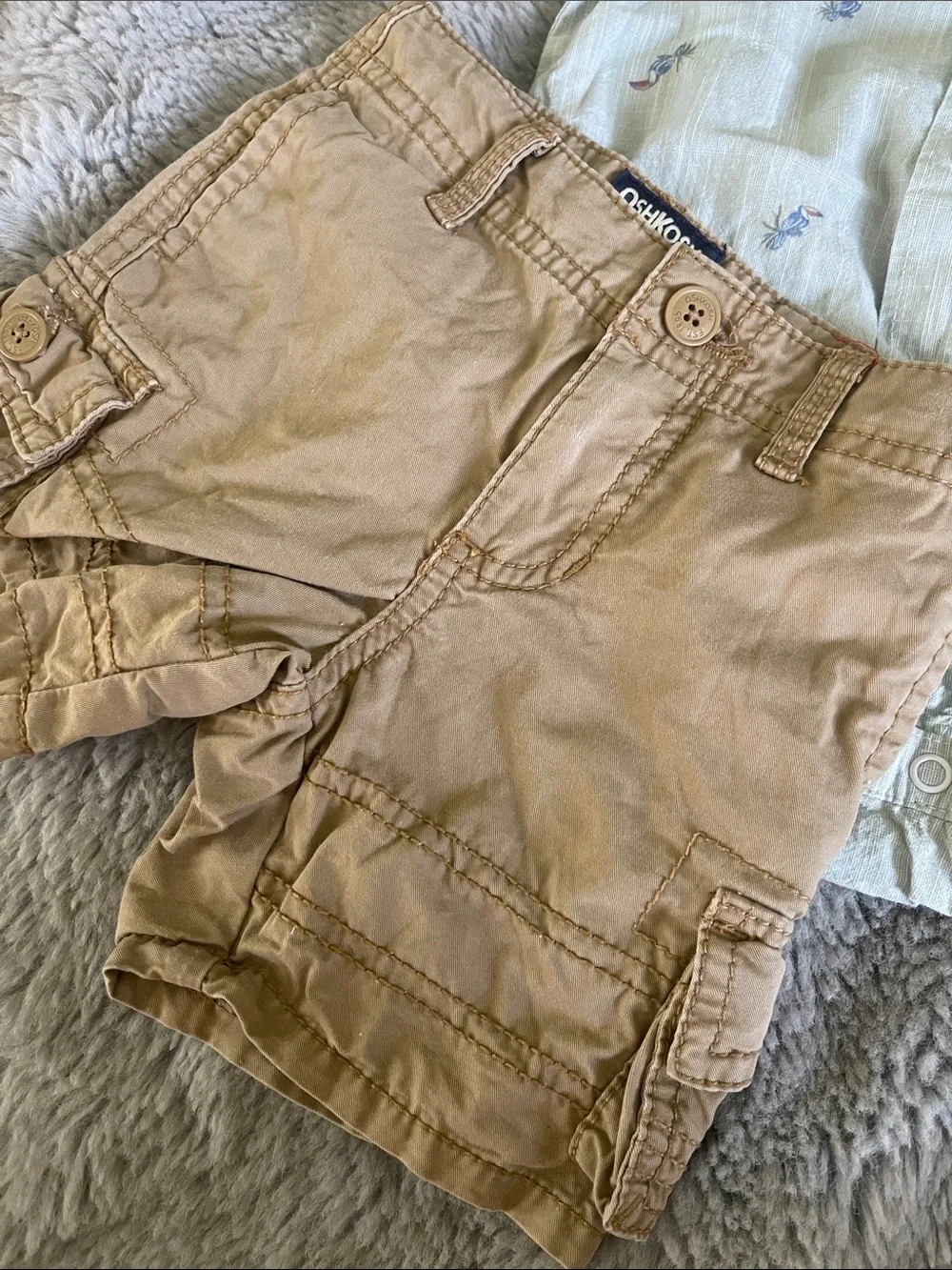 OshKosh B'gosh Light Green Embroidered Button-Down Shirt with Tan Cargo Shorts